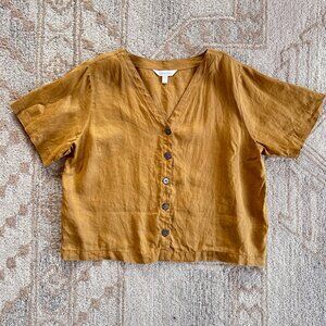 European Flax Linen Button-Up Short Sleeve Blouse Women's M Camel Minimalist Top
